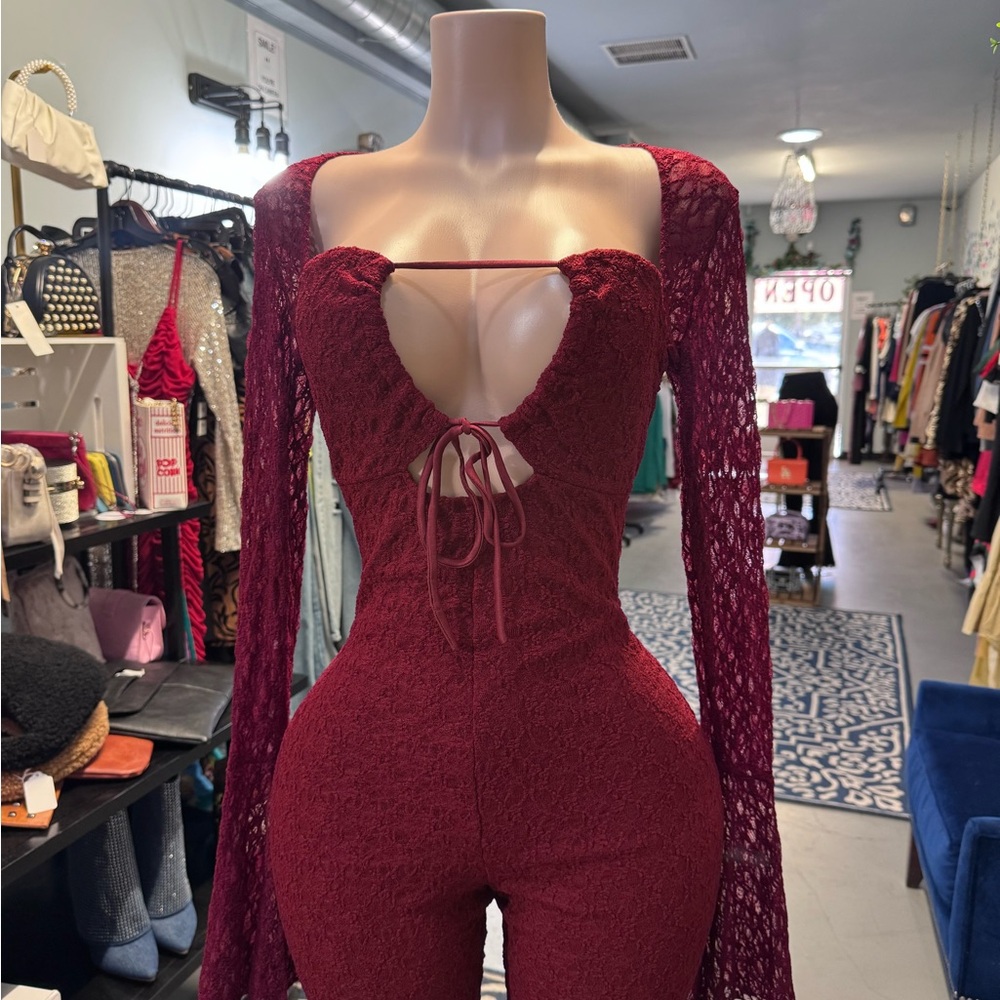 Burgundy Lace Jumpsuit with Long Sleeves